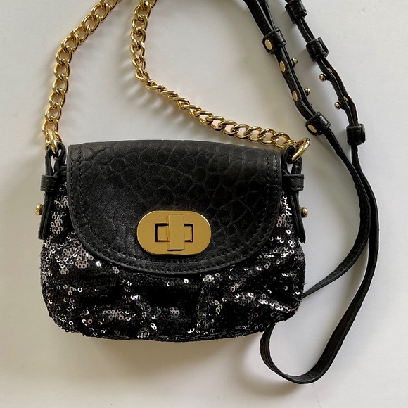 BADGLY MISCHKA Crossbody Evening Bag Black/Silver Sequins Gold Tone Chain - Picture 7 of 10